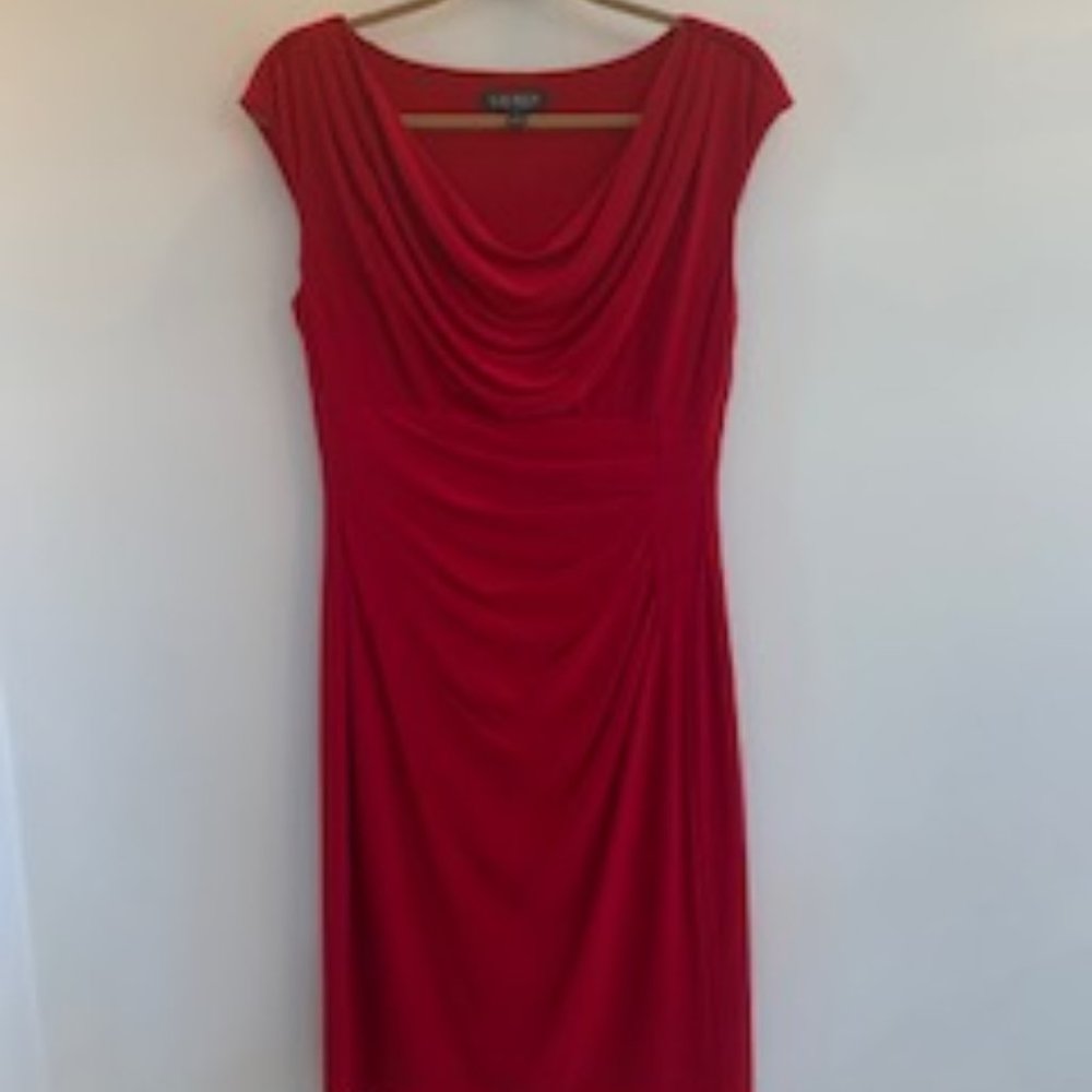 Lauren Ralph Lauren Deep Red Cowl Neck Sheath Dress Size 10